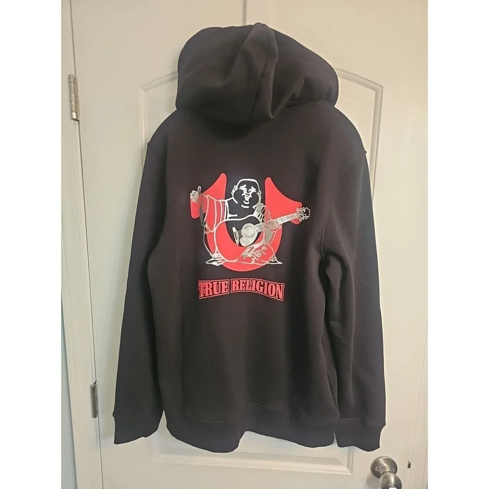 True Religion Buddha WT Men Black Cotton Y2K Full Zip Hoodie Size Large